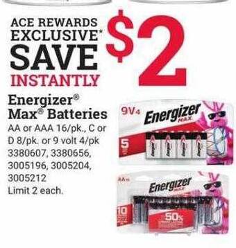 Ace Hardware Energizer max batteries offer