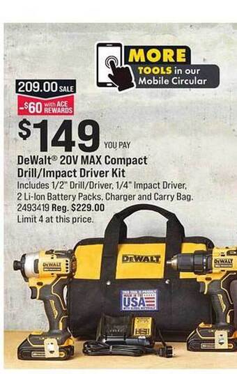 Ace Hardware Dewalt 20v max compact drill-impact driver kit offer