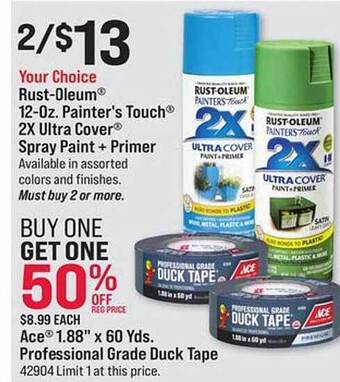 Ace Hardware Rust-oleum 12-oz painter's touch 2x ultra cover spray paint + primer, ace 1.88 offer