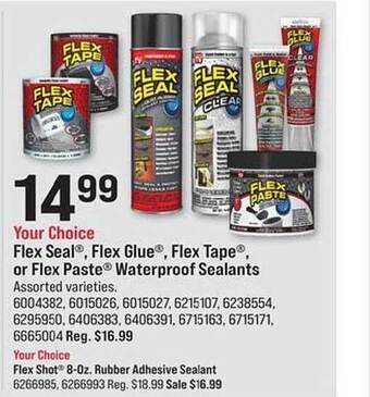 Ace Hardware Flex seal, flex glue, flex tape, or flex paste waterproof sealants offer