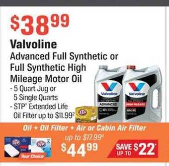 AutoZone Valvoline advanced full synthetic or full synthetic high mileage motor oil offer