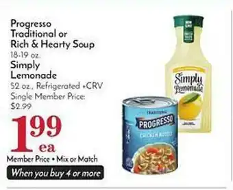 Pavilions Progresso traditional or rich & hearty soup or simply lemonade offer