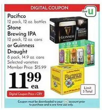 Pavilions Pacifico, stone brewing ipa or guinness draught offer