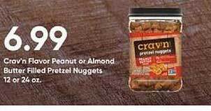 Stater Bros Crav'n flavor peanut or almond butter filled pretzel nuggets offer