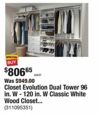 The Home Depot Closet Evolution Dual Tower 96 in. W-120 in. W Classic White Wood Closet... offer