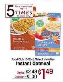 Maceys Food club instant oatmeal offer