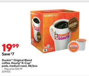 Staples Dunkin Original Blend Coffee Keurig K-cup Pods Medium Roast 44 Box offer