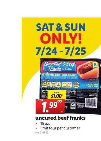Lidl Uncured Beef Franks offer