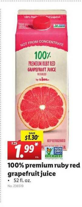 Lidl 100% Premium Ruby Red Grapefruit Juice offer