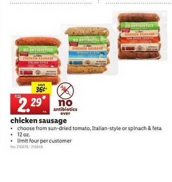 Lidl Chicken Sausage Sun-Dried Tomato, Italian-Style Or Spinach & Feta offer