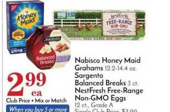 Pavilions Nabisco Honey Maid Grahams, Sargento Balanced Breaks, NestFresh Free-Range Non-GMO Eggs offer