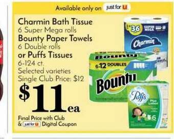 Pavilions Charmin Bath Tissue, Bounty Paper Towels Or Puffs Tissues offer