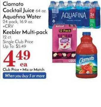 Pavilions Clamato Cocktail Juice, Aquafina Water, Keebler Multi-Pack offer