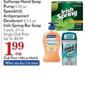Pavilions Softsoap Hand Soap Pump, Speedstick Antiperspirant Deodorant Irish Spring Bar Soap offer