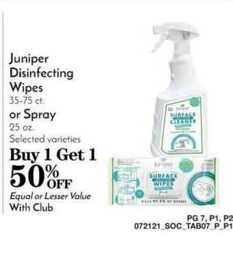 Pavilions Juniper Disinfecting Wipes Or Spray offer