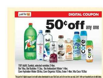 Vons 7Up, A&W, Sunkist, Bai Bubbles, Bai Antioxidant Water, Core Hydration Water, Core Organics, Evian Or Vita Coco offer