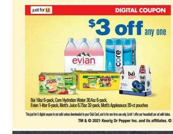 Vons Bai, Core Hydration Water, Evian, Mott's Juice, Mott's Applesauce offer
