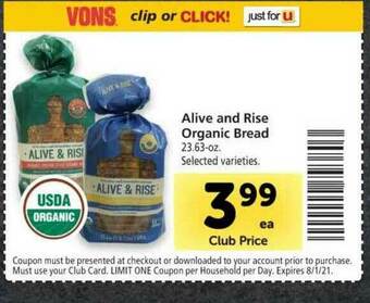 Vons Alive And Rise Organic Bread offer
