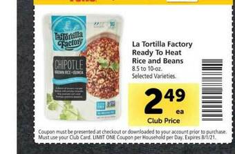 Vons La Tortilla Factory Ready To Heat Rice And Beans offer