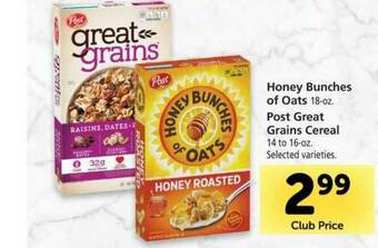 Vons Honey Bunches Of Oats, Post Great Grains Cereal offer