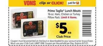 Vons Primo Taglio® Lunch Meats Ham, Chicken Or Turkey Pillow Pack offer