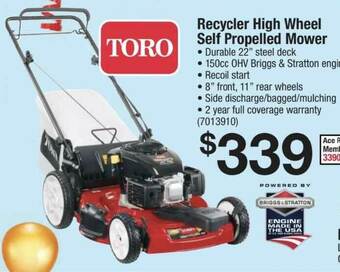 Ace Hardware Toro Recycler High Wheel Self Propelled Mower offer