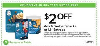 Publix Gerber Snacks Or Lil' Entrees offer