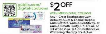Publix Crest Toothpaste : Gum Detoxify, Gum & Enamel Repair, Gum Restore, Gum & Sensitivity Or Gum & Breath Purify 3.7-4.1-oz, Or 3d offer