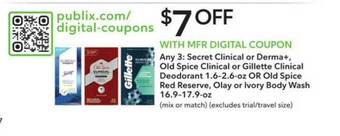 Publix Secret Clinical Or Derma+, Old Spice Clinical Or Gilette Clinical Deodorant 1.6-2.6-oz Or Old Spice Red Reserve, Olay Or Ivor offer