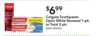 Publix Colgate Toothpaste: Optic White Renewal 1-pk. Or Total 2-pk. offer