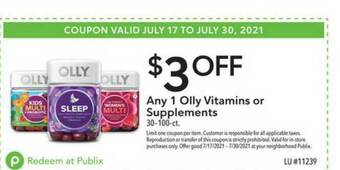 Publix Olly Vitamins Or Supplements 30-100-ct offer
