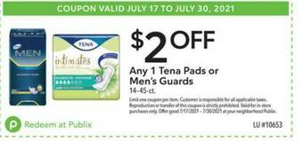 Publix Tena Pads Or Men's Guards 14-45-ct. offer