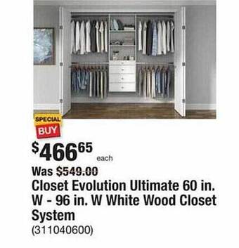 The Home Depot Closet evolution ultimate 60 in w - 96 in w white wood closet system offer
