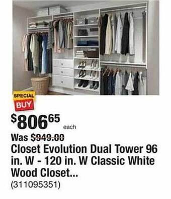 The Home Depot Closet evolution dual tower 96 in. w - 120 in. w classic white wood closet... offer