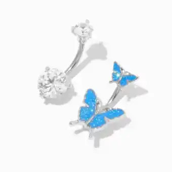 Claire's Silver 14g crystal & blue butterfly belly rings - 2 pack offer