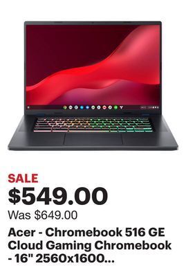 Best Buy Acer - chromebook 516 ge cloud gaming chromebook - 16" 2560x1600 120hz - intel core i5-1240p - 8gb ram - 256gb ssd - rgb kb - offer
