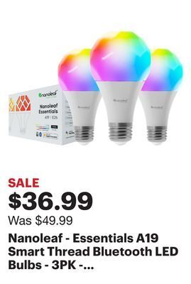 Best Buy Nanoleaf - essentials a19 smart thread bluetooth led bulbs - 3pk - white and colors - white offer