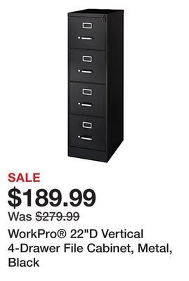 Office Depot Workpro® 22"d vertical 4-drawer file cabinet, metal, black offer