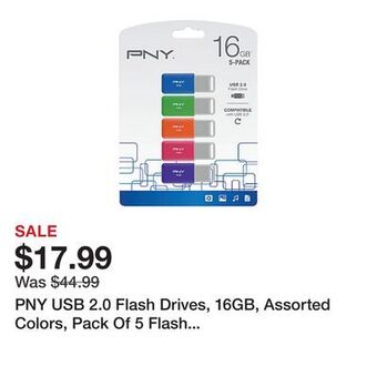 Office Depot Pny usb 2.0 flash drives, 16gb, assorted colors, pack of 5 flash drives offer
