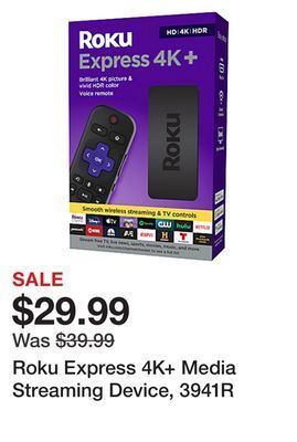 Office Depot Roku express 4k+ media streaming device, 3941r offer