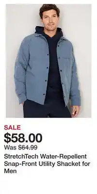 Old Navy Stretchtech water-repellent snap-front utility shacket for men offer