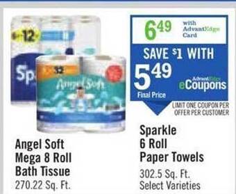 Price Chopper Angel soft mega 8 roll bath tissue or sparkle 6 roll paper towels offer