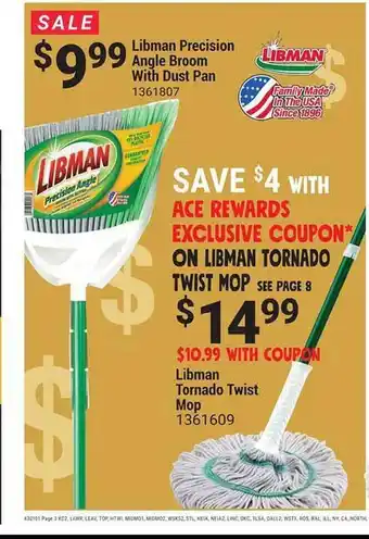 Ace Hardware Libman precision angle broom with dust pan or tornado twist mop offer