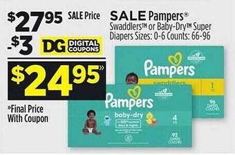 Dollar General Pampers swaddlers or baby-dry super diapers offer