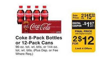 Fairway Store Market Coke 8-pack bottles or 12-pack cans offer