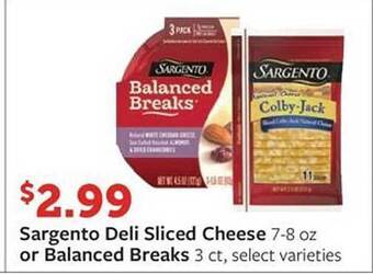 Fareway Sargento deli sliced cheese or balanced breaks offer