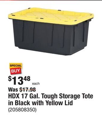 The Home Depot Hdx 17 gal. tough storage tote in black with yellow lid offer