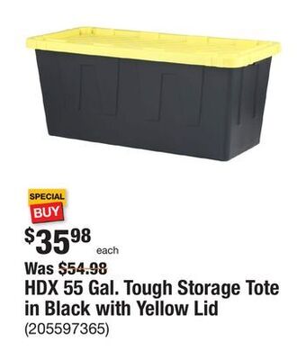 The Home Depot Hdx 55 gal. tough storage tote in black with yellow lid offer