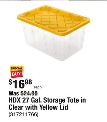 The Home Depot Hdx 27 gal. storage tote in clear with yellow lid offer