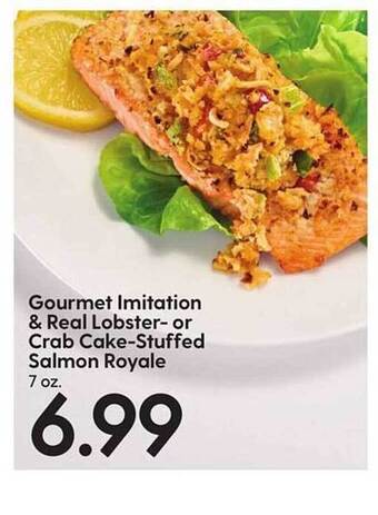 Hy-Vee Gourmet imitation & real lobster- or crab cake-stuffed salmon royale offer